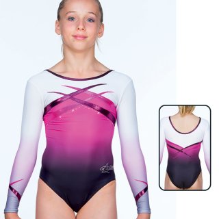 AGIVA 8657 Langarm Gymnastikanzug aus "Mat Look Printed"+Netz+Strass F: fuchsia-Kombi 12 J. (146/152)